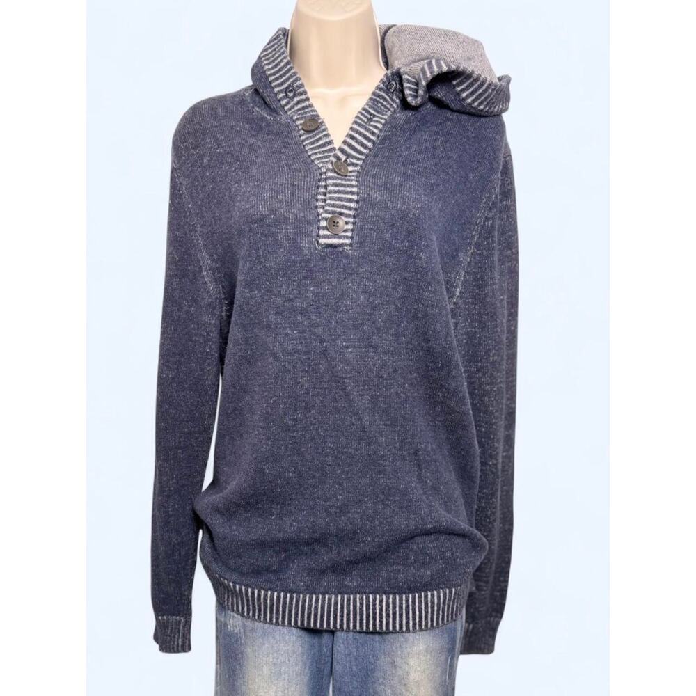 Vtg Y2K Esprit Fisherman Henley Hooded Sweater Navy Slate Grey Striped